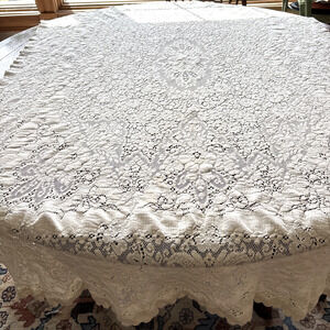 Vintage Handmade Crochet Lace Ivory Rectangular Cotton Tablecloth 50x80”